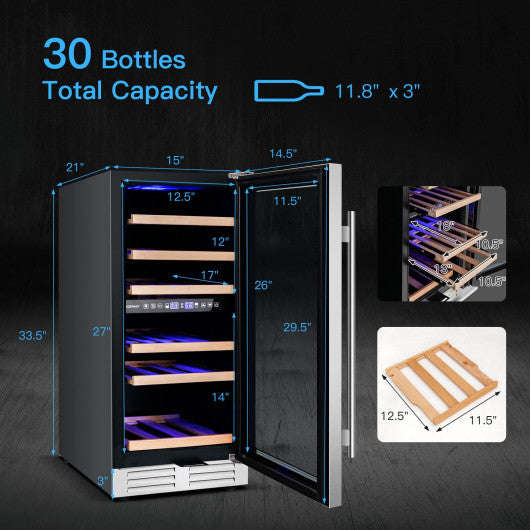 30-Bottle Freestanding Wine Cooler with Temp Memory and Dual Zones -Silver Fashion