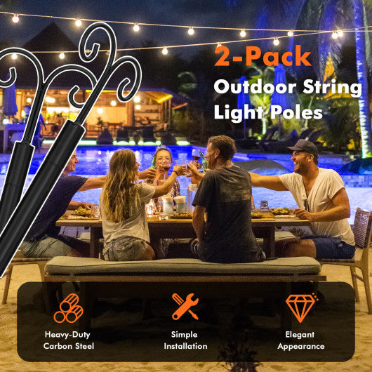 String Light Poles 2 Pack Outdoor Metal Poles with Top Arc Hook and 5-Prong Base-10 ft Online Sale