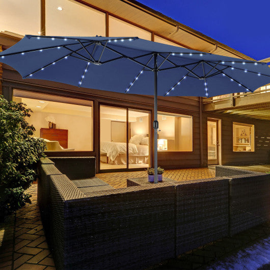 15 Feet Twin Patio Umbrella with 48 Solar LED Lights-Navy Sale