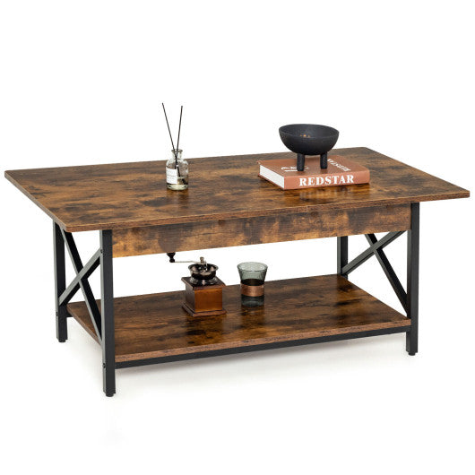 2-Tier Industrial Rectangular Coffee Table with Storage Shelf-Rustic Brown Online now