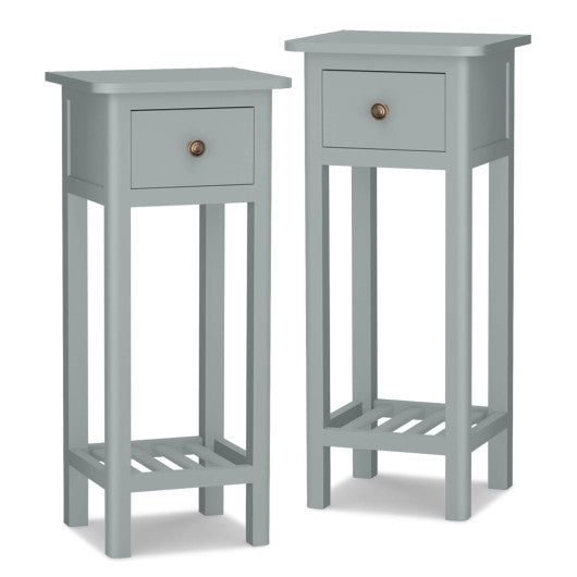 2 Tier Slim Nightstand Bedside Table with Drawer Shelf-Gray Fashion