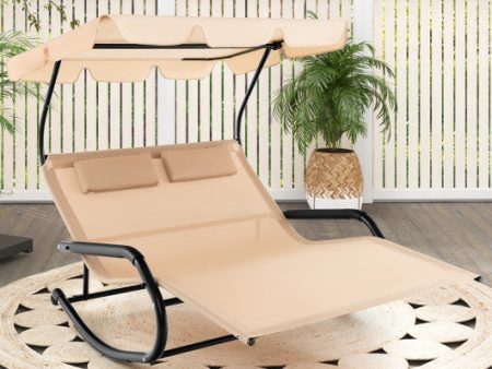 Outdoor 2 Persons Rocking Chaise Lounge with Canopy and Wheels-Beige Supply