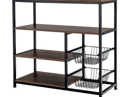 4-Tier Industrial Kitchen Baker s Rack with 2 Wire Baskets-Rustic Brown For Discount