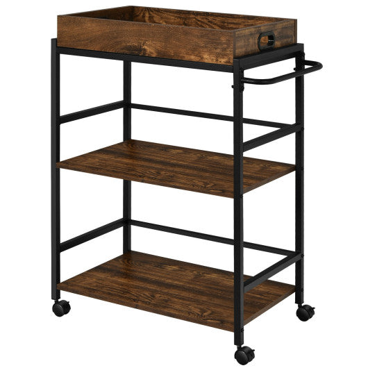 3-Tier Kitchen Serving Bar Cart with Lockable Casters and Handle Rack for Home Pub-Rustic Brown on Sale