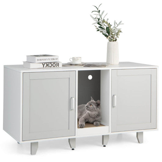 2-Door Cat Litter Box Enclosure with Winding Entry and Scratching Board-Gray Discount