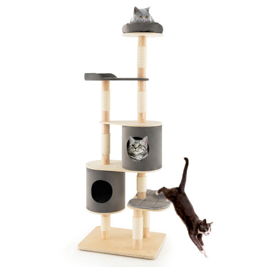 6-Tier Wooden Cat Tree with 2 Removeable Condos Platforms and Perch-Gray Online Sale