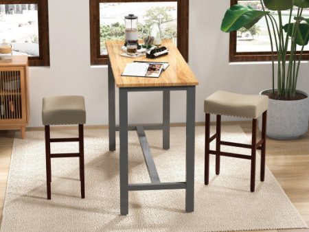 2 Set of 29 Inch Height Upholstered Bar Stool with Solid Rubber Wood Legs and Footrest-Beige For Sale