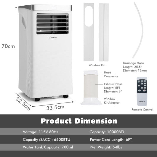 10000BTU 3-in-1 Portable Air Conditioner with Remote Control-White Online Hot Sale