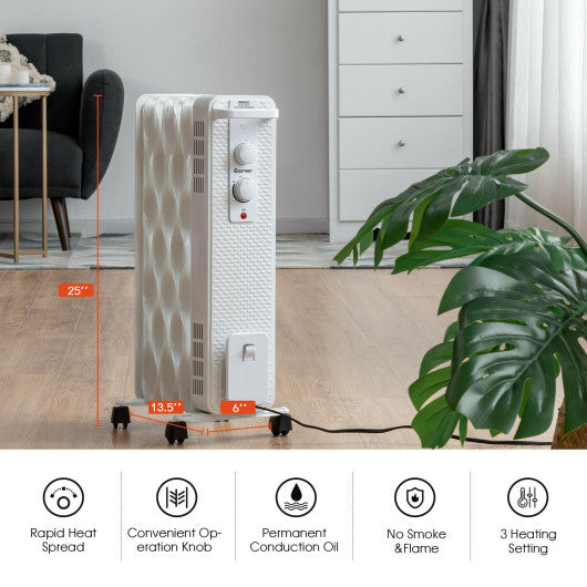 1500 W Oil-Filled Heater Portable Radiator Space Heater with Adjustable Thermostat-White Fashion