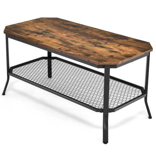 2-Tier Industrial Coffee Table with Open Mesh Storage Shelf for Living Room-Rustic Brown Discount