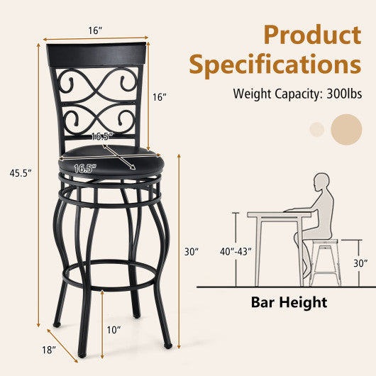 Set of 2 30 Inch Bar Stool with Backrest and Footrest-Black For Sale