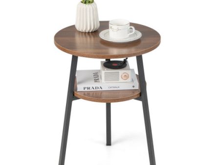 2-Tier Round End Table with Open Shelf and Triangular Metal Frame-Walnut on Sale