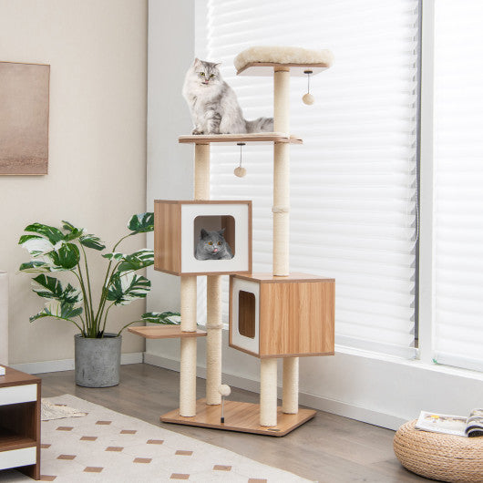 Modern Wooden Cat Tree with Perch Condos and Washable Cushions-Natural Discount