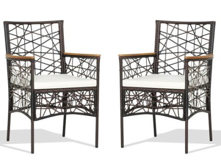 2 Pieces PE Wicker Patio Bistro Dining Chairs with Acacia Wood Armrests and Cushions Supply