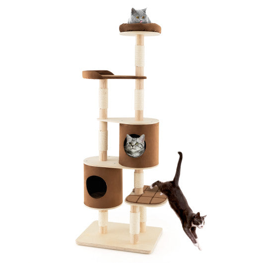 6-Tier Wooden Cat Tree with 2 Removeable Condos Platforms and Perch-Brown Cheap