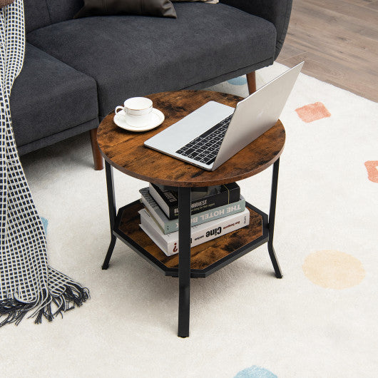 2-Tier Round End Table with Storage Shelf for Living Room-Brown For Sale