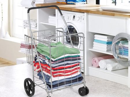 Folding Shopping Cart for Laundry with Swiveling Wheels and Dual Storage Baskets-Sliver Hot on Sale