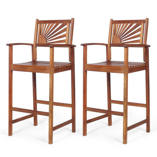 2 Pieces Outdoor Acacia Wood Bar Chairs with Sunflower Backrest and Armrests Discount