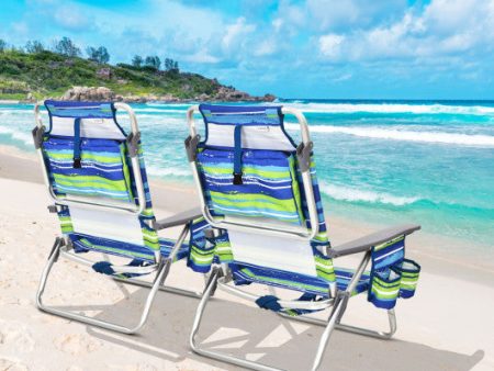 2-Pack Folding Backpack Beach Chair 5-Position Outdoor Reclining Chairs with Pillow-Blue Supply