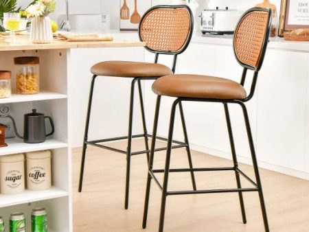 29.5 Inch Modern Faux Leather Bar Stools with Imitation Rattan Woven Backrest-Brown Online Sale