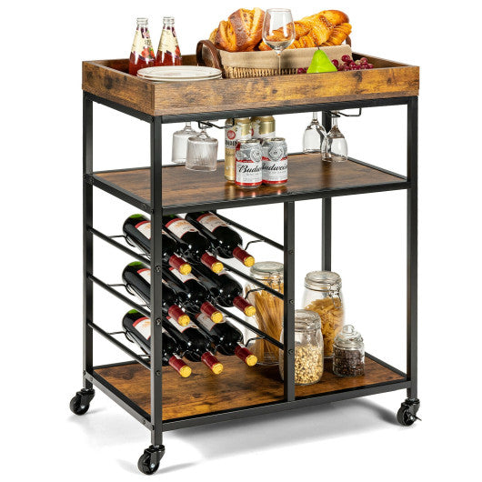 3-Tier Wood Rolling Kitchen Serving Cart with 9 Wine Bottles Rack Metal Frame-Rustic Brown Supply