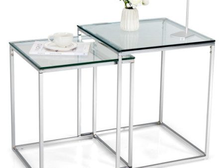 2 Pieces Modern Nesting Coffee Table with Tempered Glass Top and Steel Frame-Sliver For Cheap