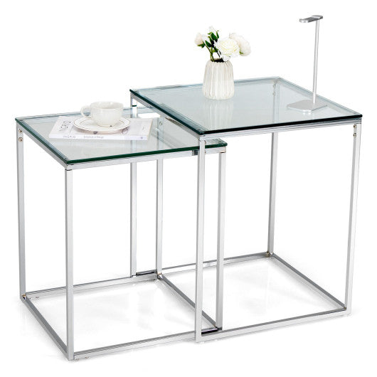 2 Pieces Modern Nesting Coffee Table with Tempered Glass Top and Steel Frame-Sliver For Cheap