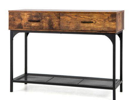 2 Drawers Console Table with Metal Frame for Living Room-Rustic Brown on Sale