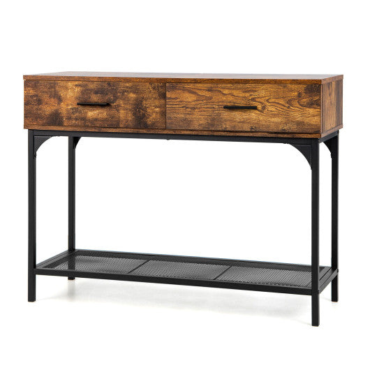 2 Drawers Console Table with Metal Frame for Living Room-Rustic Brown on Sale