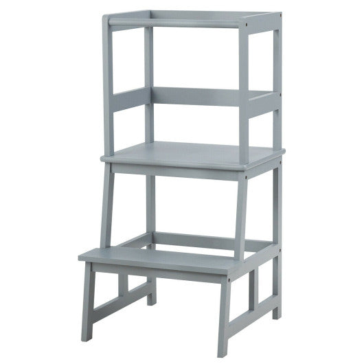 Kids Wooden Kitchen Step Stool with Safety Rail-Gray Hot on Sale