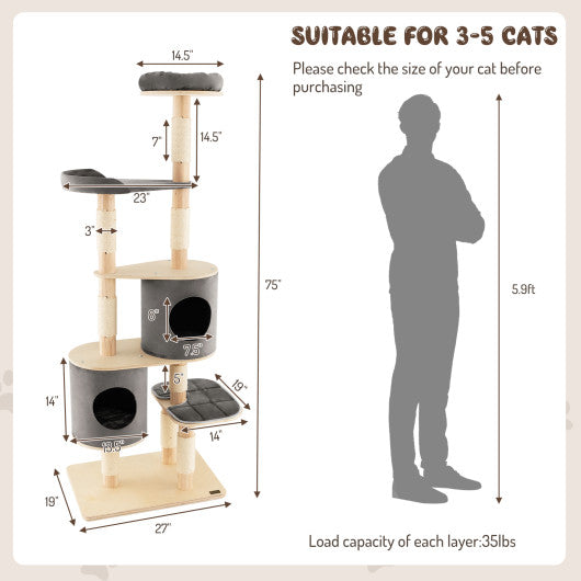 6-Tier Wooden Cat Tree with 2 Removeable Condos Platforms and Perch-Gray Online Sale