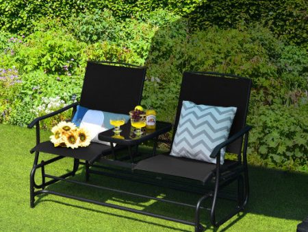 2-Person Double Rocking Loveseat with Mesh Fabric and Center Tempered Glass Table-Black Online now