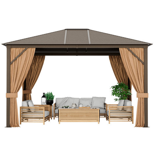 12 x10 Feet Outdoor Hardtop Gazebo with Galvanized Steel Top and Netting-Brown on Sale