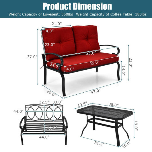 2 Pieces Patio Loveseat Bench Table Furniture Set with Cushioned Chair-Red Cheap