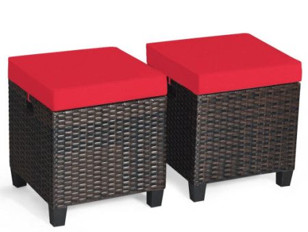 2 Pieces Patio Rattan Ottoman Set with Removable Cushions-Red on Sale