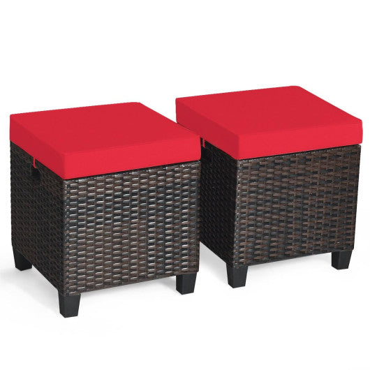 2 Pieces Patio Rattan Ottoman Set with Removable Cushions-Red on Sale