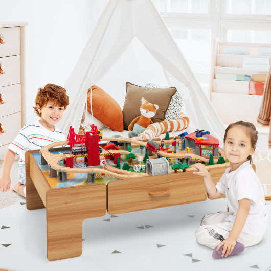 Kids Double-Sided Wooden Train Table Playset with Storage Drawer Sale