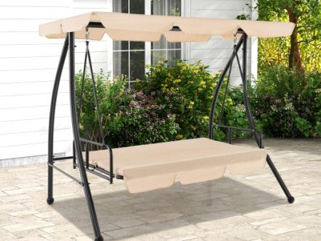 2-Seat Outdoor Convertible Swing Chair with Flat Bed and Adjustable Canopy-Beige For Discount