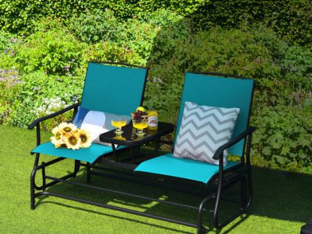 2-Person Double Rocking Loveseat with Mesh Fabric and Center Tempered Glass Table-Turquoise on Sale