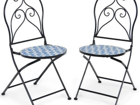 2 Pieces Patio Folding Mosaic Bistro Chairs with Blue Floral Pattern Discount