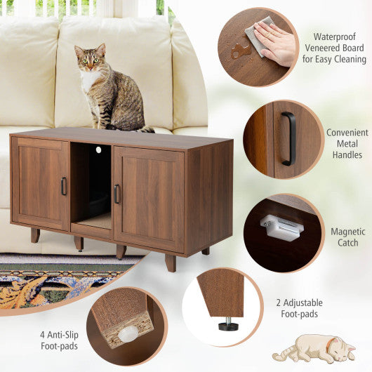 2-Door Cat Litter Box Enclosure with Winding Entry and Scratching Board-Brown For Cheap