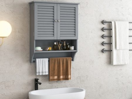 2-Doors Bathroom Wall-Mounted Medicine Cabinet with Towel Bar-Gray Online Sale