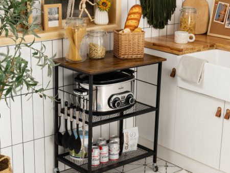 3-Tier Kitchen Serving Cart Utility Standing Microwave Rack with Hooks Brown Discount