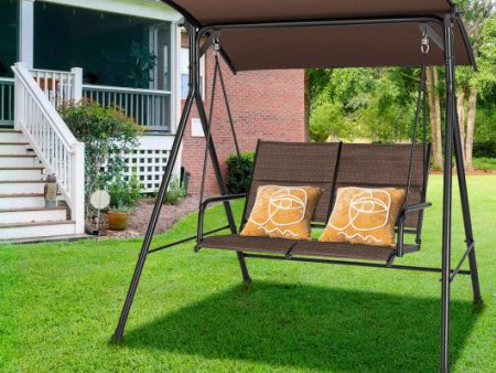 2 Person Porch Swing with Adjustable Canopy and Padded Seat-Brown For Sale