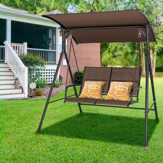 2 Person Porch Swing with Adjustable Canopy and Padded Seat-Brown For Sale