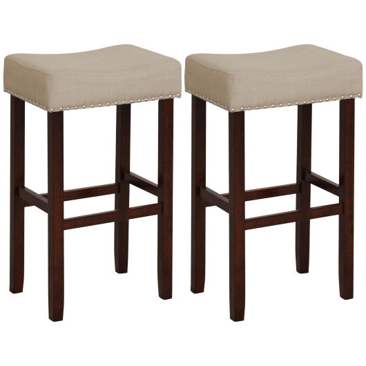 2 Set of 29 Inch Height Upholstered Bar Stool with Solid Rubber Wood Legs and Footrest-Beige For Sale