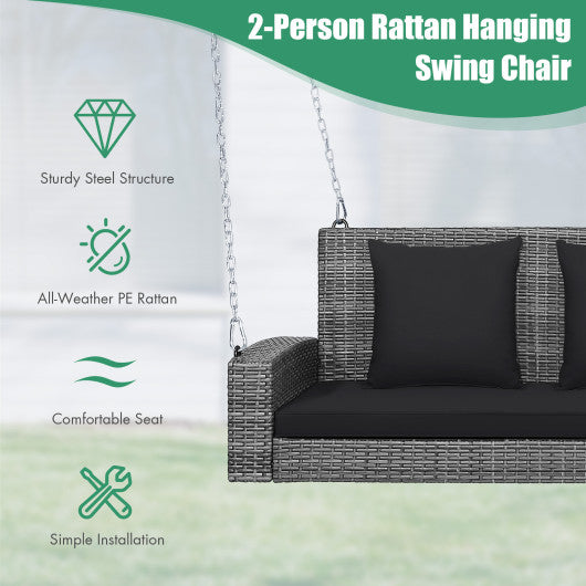 2-Person Patio PE Wicker Hanging Porch Swing Bench Chair Cushion 800 Pounds-Black on Sale