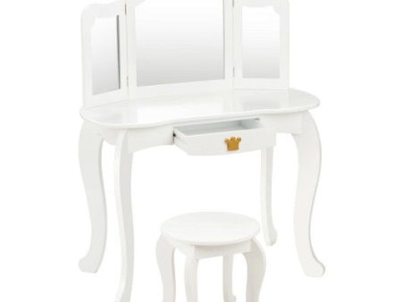 Kids Makeup Dressing Table with Tri-folding Mirror and Stool-White For Discount