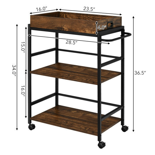 3-Tier Kitchen Serving Bar Cart with Lockable Casters and Handle Rack for Home Pub-Rustic Brown on Sale