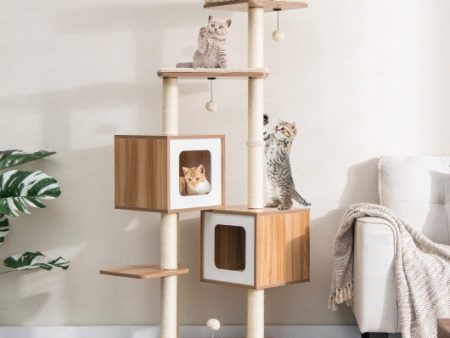 Modern Wooden Cat Tree with Perch Condos and Washable Cushions-Natural Discount